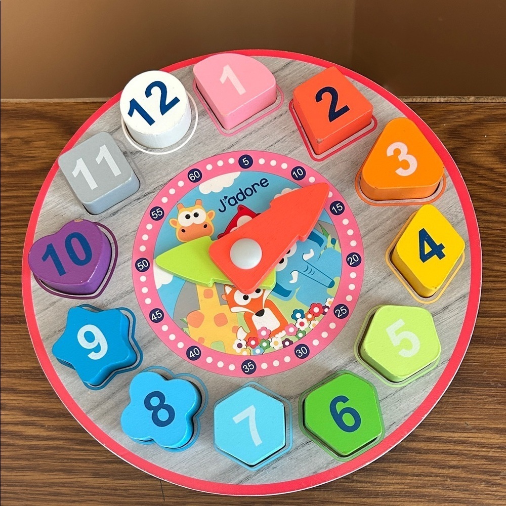 J'adore Wooden Clock Shape Sorter Set Nature Wood Educational Toy Colors Numbers